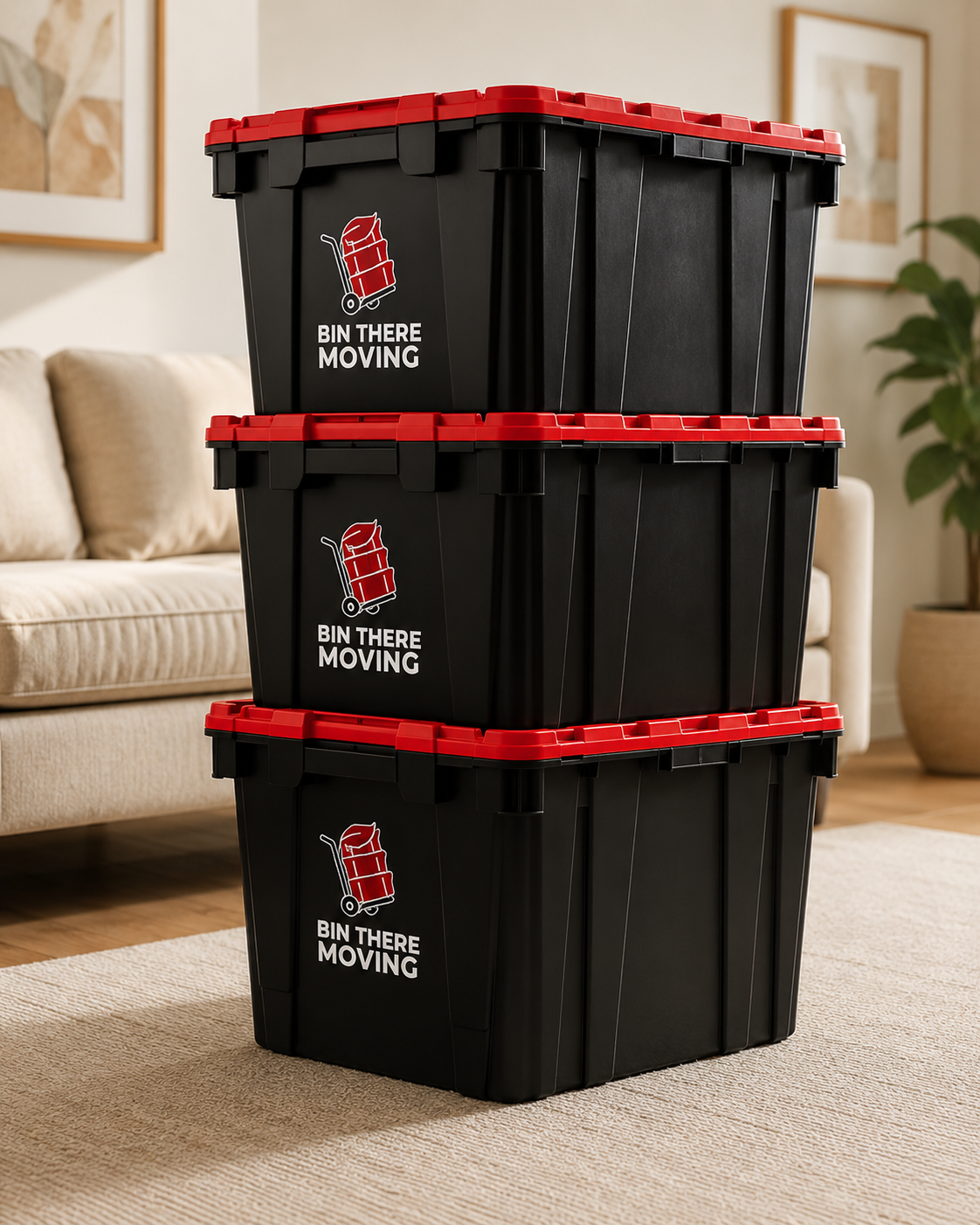 Reusable moving totes for rent in a Cleveland living room